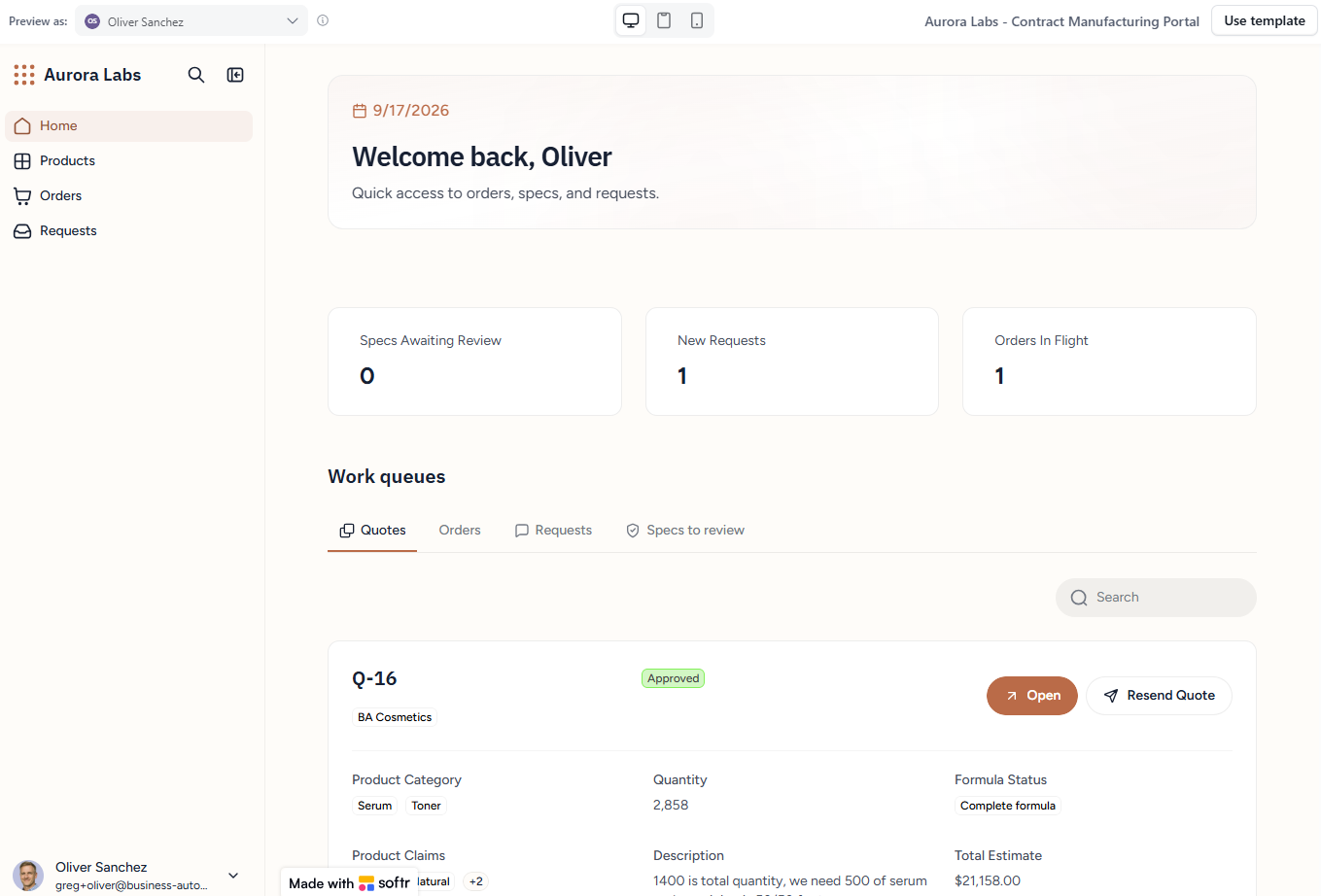 The account manager home page with KPI tiles and work queues for quotes, orders, requests and specs
