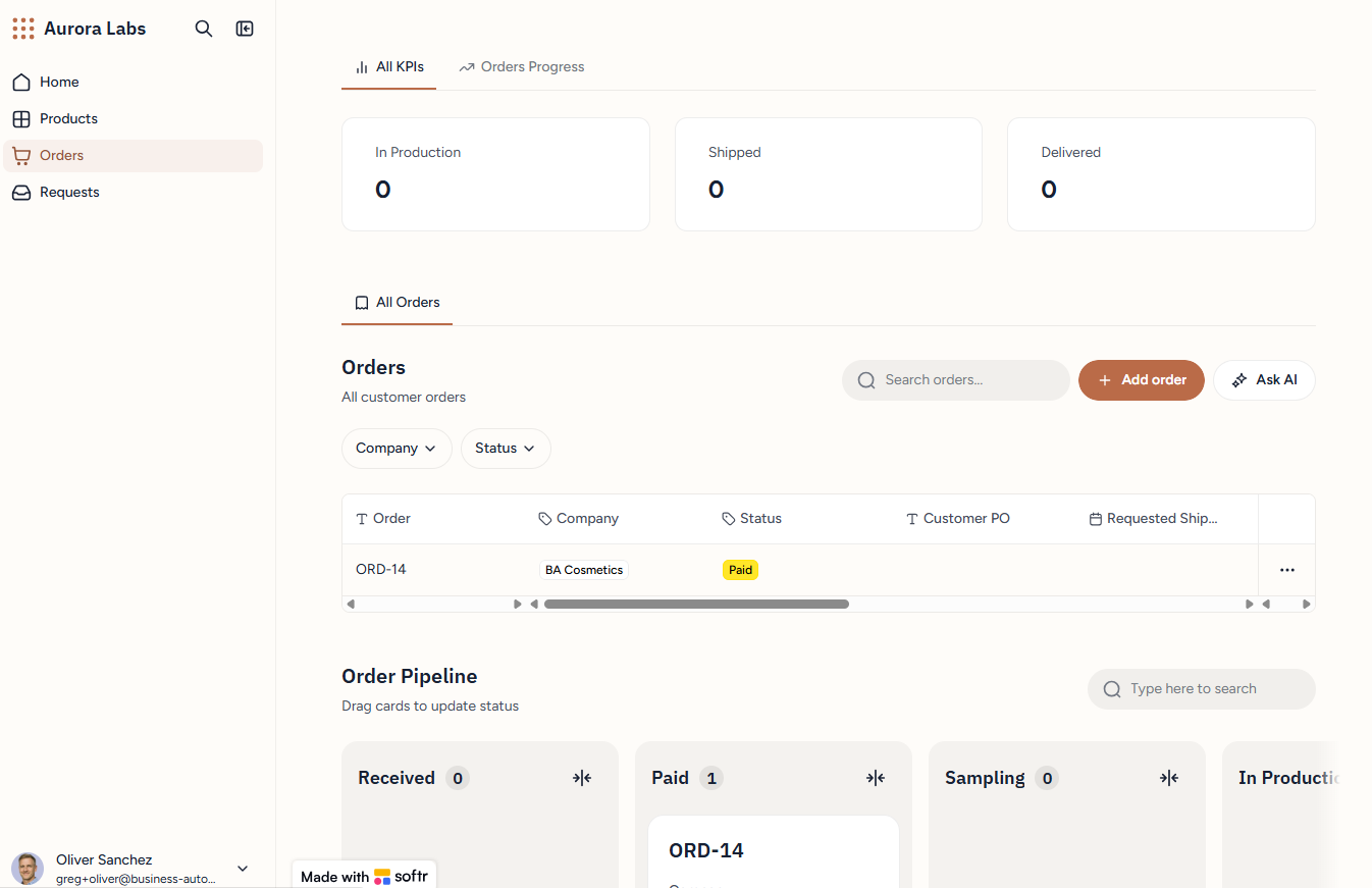 The orders page with production KPIs and a drag-and-drop order pipeline board