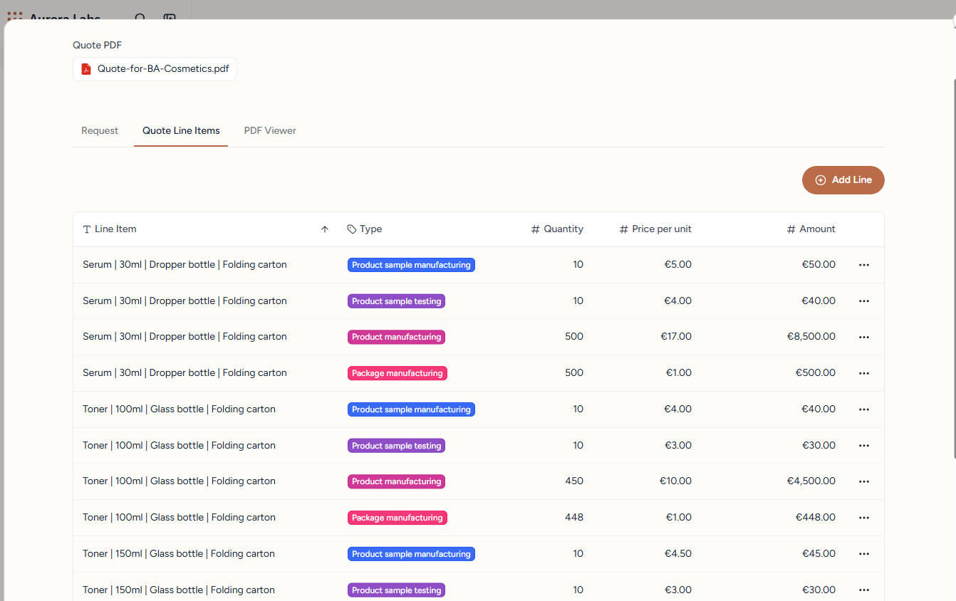Quote line items in the portal with type, quantity, price per unit and amount, editable inline