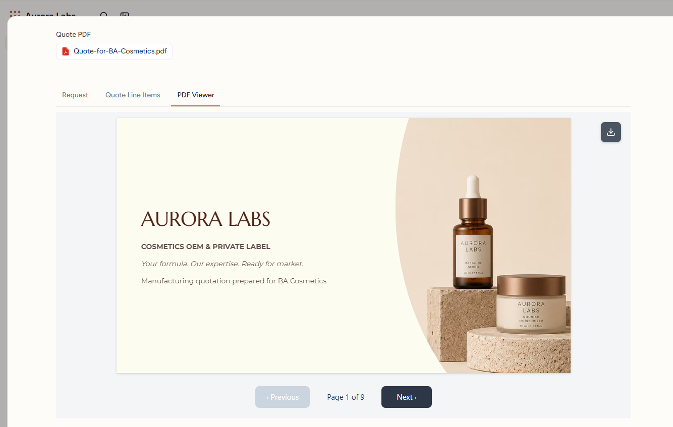 The generated quote PDF open in the portal's viewer, showing the branded Aurora Labs cover slide