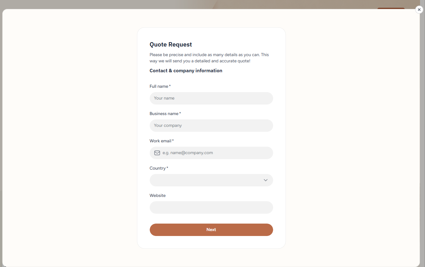 Step one of the Aurora Labs quote request form, asking for contact and company information