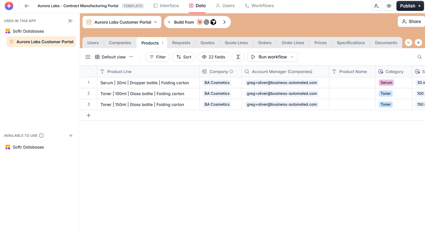 The Softr database behind the portal, showing the Products table and the tabs for every other table
