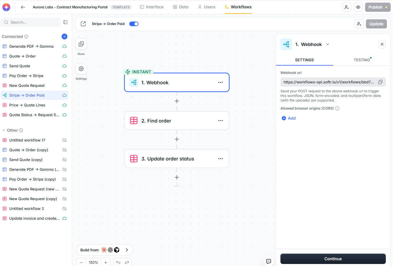 A Softr workflow triggered by a webhook that finds the order and updates its status after a Stripe payment